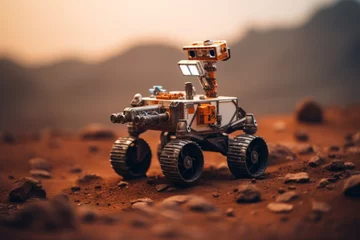 Selbstklebende Fototapeten exploration robotic rover on de arid landscape of mars (3d toy style) © urdialex