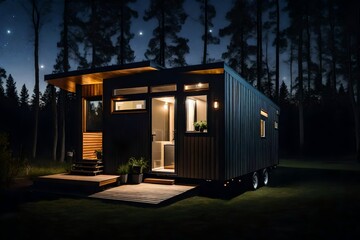 Exterior of a modern tiny house at night  