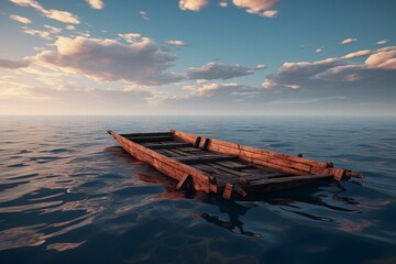 3D rendering of a wooden raft adrift at sea. Generative AI