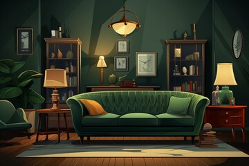 An illustration showing the interior of a house with a dark green sofa, a table, and stylish living room decorations. Generative AI