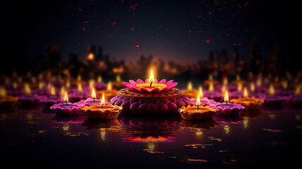 Candle light and bokeh background celebrate Indian Holiday Diwali. AI Generative - obrazy, fototapety, plakaty
