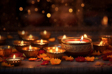 Candle light and bokeh background celebrate Indian Holiday Diwali. AI Generative
