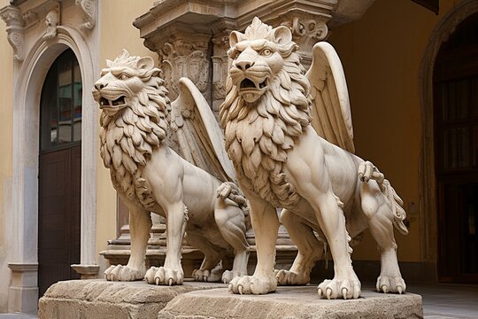 Lion and griffin sculptures, Palazzo dei Priori, Perugia, Italy. Generative AI