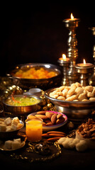 Fototapeta na wymiar Many sweets and lights for celebrate Indian Holiday Diwali. AI Generative
