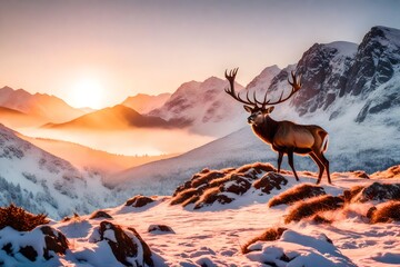 Composite image of red deer stag in Majestic Alpen Glow hitting mountain peaks in Scottish Highlands during stunning Winter landscape sunrise  