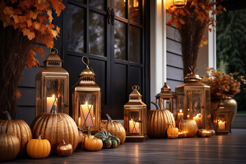 The porch of the house is decorated with golden pumpkins, flowers and lanterns with candles. AI Generative