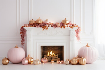 Interior of a white room with a fireplace, candles and decorative pumpkins. Autumn home decor concept. AI Generative