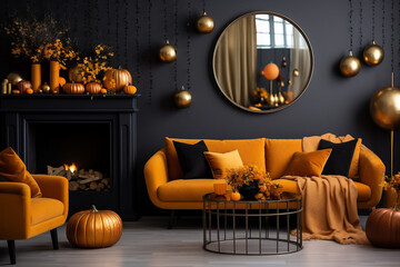 Obraz premium Modern living room with sofa and fireplace decorated with pumpkins for thanksgiving day. AI Generative.