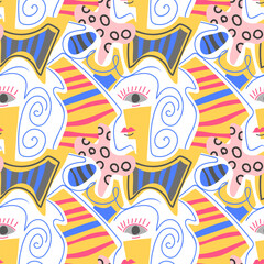 Modern abstract pattern with geometric shapes resembling a woman's face Avant-garde, fantasy, collage. Texture with dots, circles. stripes. Line. For textile design, invitations, postcards, paper.