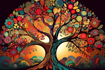 Brightly lit illustration depicting a vibrant tree of life. Generative AI