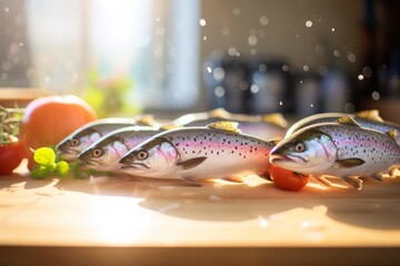 fresh fish on a kitchen table rady to eat - obrazy, fototapety, plakaty