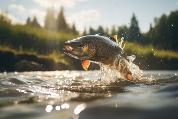 rainbow trout jumping out of the water in a river - obrazy, fototapety, plakaty