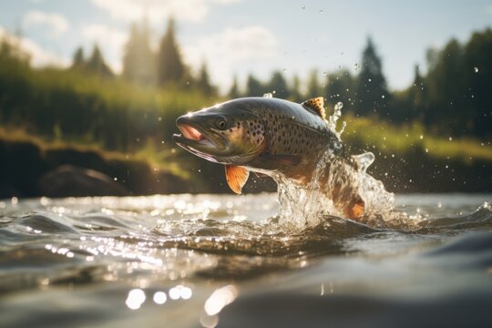 rainbow trout jumping out of the water in a river