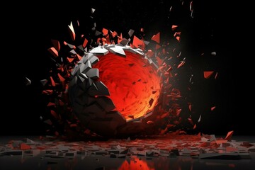 Powerful red baseball shattering orange lit black wall against black-white backdrop with stunning 3D visuals. Generative AI