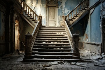 Fototapeta na wymiar An old stairway in a dilapidated residential building. Generative AI