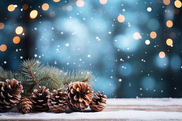Table surface with fir branches and pinecones. Copy space, add product. Christmas decoration. Ai generative - 644227480