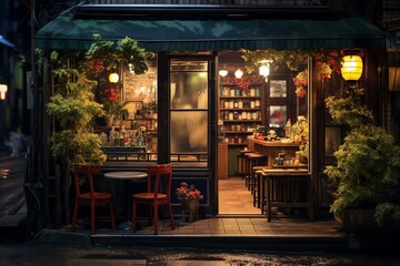 Nighttime vintage Tokyo coffee house with mellow atmosphere. Generative AI