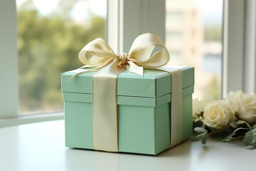 Mint gift boxes with golden bow on background of the window. Generative AI