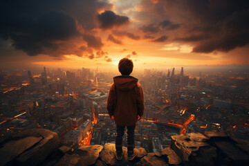 Plakat Toddler little superhero power concept. Back view of small boy standing on a cliff looking on the city at night sunset or sunrise while all the city sleep.
