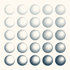 Round shaped dotted objects, vintage stipple elements. Fading gradient. Stippling, dotwork drawing, shading using dots. Halftone disintegration effect. White noise grainy texture. Vector illustration