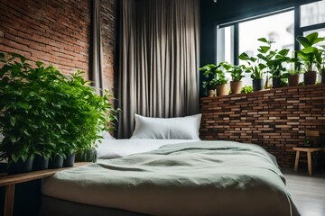 Green plants, a brick wall, and a front view of the bed in an environmentally friendly bedroom  