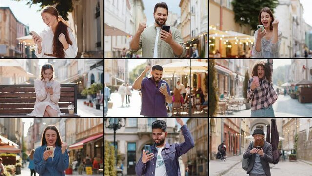 Collage of smiling happy people portraits diverse gender, different cultures, ages, ethnicity. Men women use mobile smartphone celebrating win good message news, lottery game jackpot victory outdoors