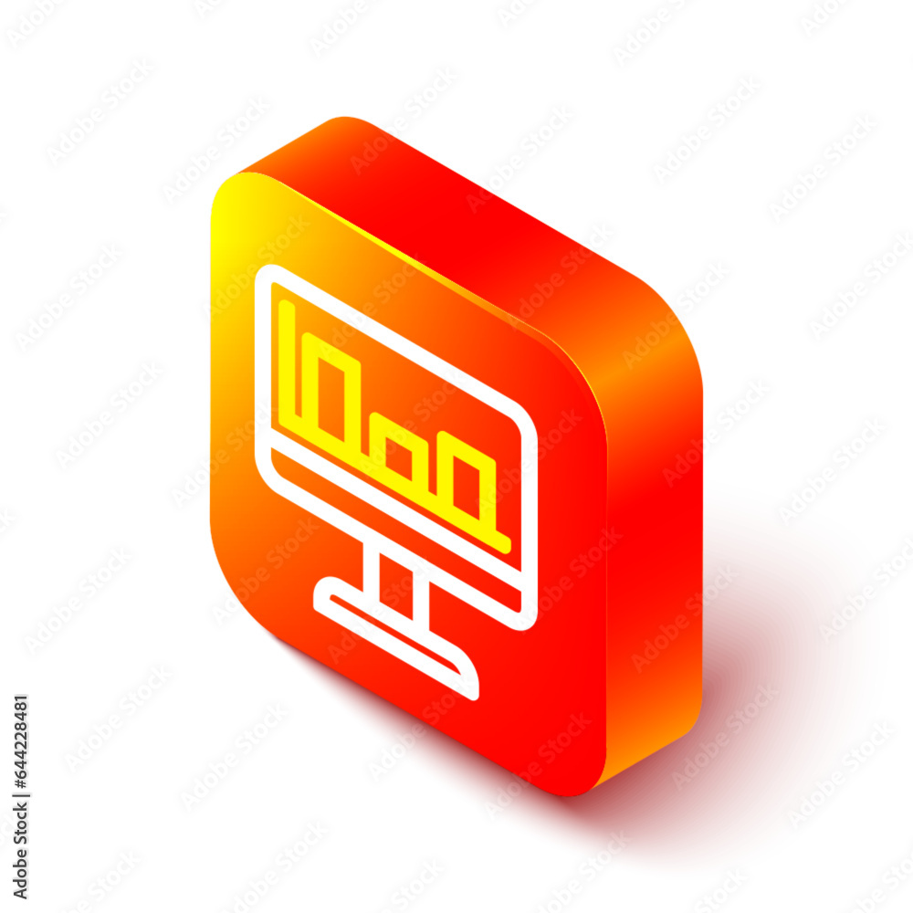 Poster isometric line computer monitor with graph chart icon isolated on white background. report text file
