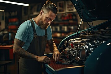 sztuka komputerowa przedstawiająca warsztat mechaniczny z mechanikiem samochodowym przy naprawie auta