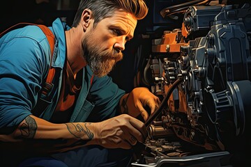 sztuka komputerowa przedstawiająca warsztat mechaniczny z mechanikiem samochodowym przy naprawie auta - obrazy, fototapety, plakaty