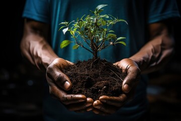 Ecology concept, hands holding plant a tree sapling with on ground. Nature Background. Hands hold a small tree for planting. green world earth day concept