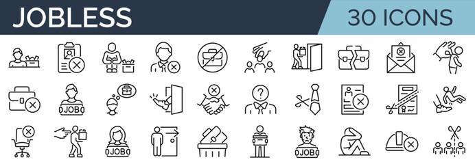 Set of 30 outline icons related to jobless, firing, retirement. Linear icon collection. Editable stroke. Vector illustration
