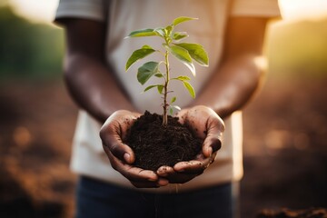 Ecology concept, hands holding plant a tree sapling with on ground. Nature Background. Hands hold a small tree for planting. green world earth day concept