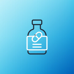 Line Medicine bottle and pills icon isolated on blue background. Bottle pill sign. Pharmacy design. Colorful outline concept. Vector