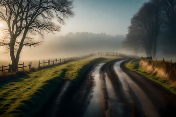 Naklejka na ściany i meble Farm Road Curving Through Misty Landscape 