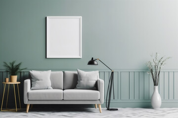 Poster frame mockup in scandinavian style with modern furniture. Minimalist interior design.