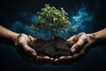 Papier Peint photo Vielles portes Ecology concept, hands holding plant a tree sapling with on ground. Nature Background. Hands hold a small tree for planting. green world earth day concept