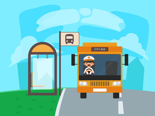 city bus driver, in a yellow bus, on a bus stop