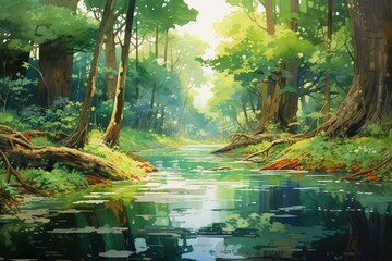 Enchanting bayou scenery depicted in an anime-style watercolor painting. Generative AI