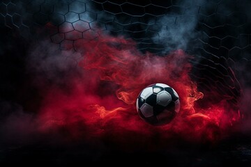 Red-black soccer ball in goal net under black-white lighting with dark blue toned foggy smoke background. Generative AI