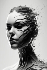 woman face closed eyes, splash on abstract face