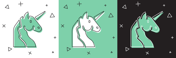 Set Unicorn icon isolated on white and green, black background. Vector