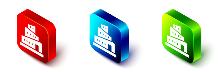 Isometric Babel tower bible story icon isolated on white background. Red, blue and green square button. Vector