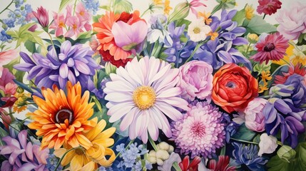 a close-up image of a watercolor-style painting of a bouquet of mixed garden flowers, blending realism with artistic expression