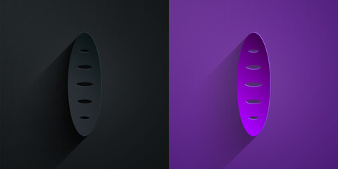 Paper cut French baguette bread icon isolated on black on purple background. Paper art style. Vector