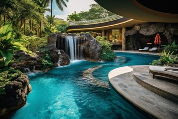 Obraz na płótnie Canvas Tropical Resort with Waterfall Pool - AI Generated