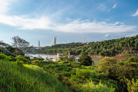 Landmark of the three borders, hito tres fronteras, Paraguay, Brazil and Argentina at Puerto Iguazu, Argentina