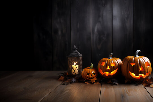 Scary Halloween pumpkins with evil eyes and faces on a wooden dark background.