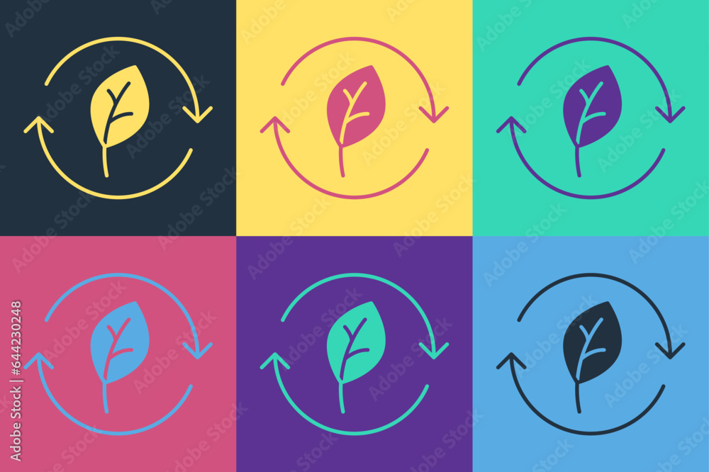 Poster pop art recycle symbol with leaf icon isolated on color background. circular arrow icon. environment