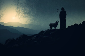 Shepherd Jesus Christ Taking Care of One Missing Lamb, Sunrise Mountain. - obrazy, fototapety, plakaty