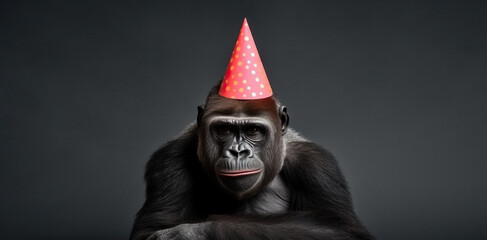 Wild Birthday Bash: Gigantic Gorilla in Festive Hat Throws a Happy Birthday Message. 